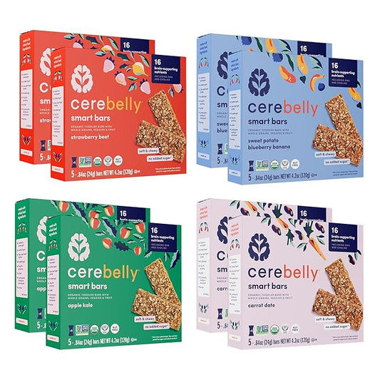 Cerebelly Organic Toddler Smart Bars Variety Pack 40-Count, 16 Brain-Supporting Nutrients, No Added Sugar, Gluten Free, Nut Free, Kids Snacks