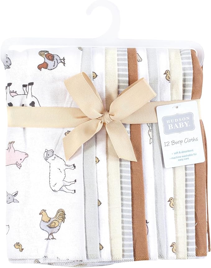Hudson Baby Unisex Baby Flannel Burp Cloth 12pk, Farm World, One Size