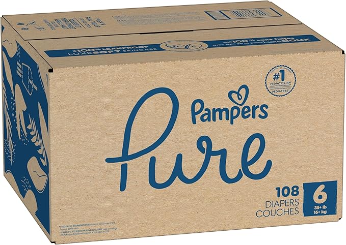 Pampers Pure Baby Diapers, Size 6 (35+ lbs), 108, Up to 100% Leakproof, Premium Hypoallergenic Soft Diapers
