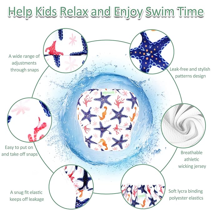wegreeco Baby & Toddler Snap One Size Adjustable Reusable Baby Swim Diaper (Starfish, Large, 3 Pack)