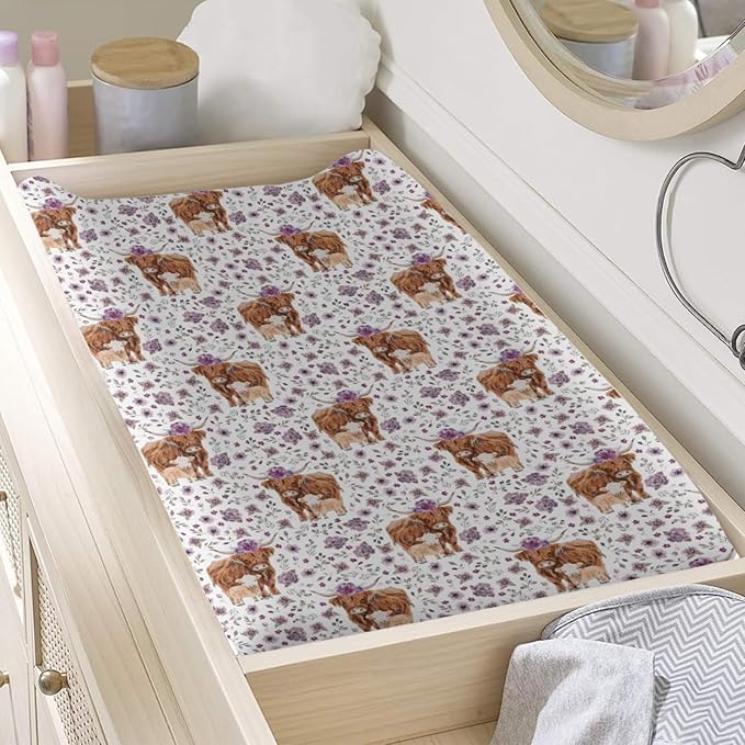 Watercolor Western Farm Cows Flowers Floral Pattern Baby Changing Pad Cover, Unisex Highland Cow Nursery Diaper Changing Table Pad Mat Sheet for Boys Girls-16x32
