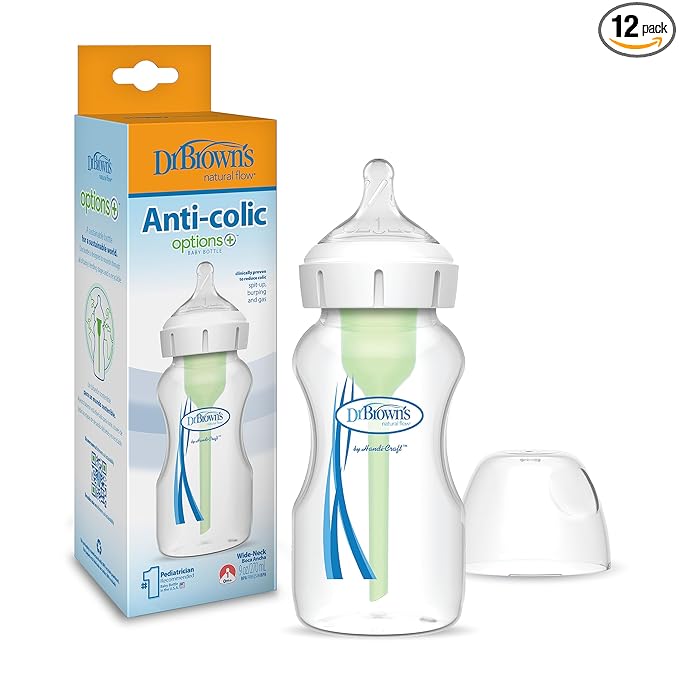 Dr. Brown's Natural Flow Anti-Colic Options+Wide-Neck Baby Bottle,9 oz/270 mL,Level 1 Nipple,12-Pack,0m+