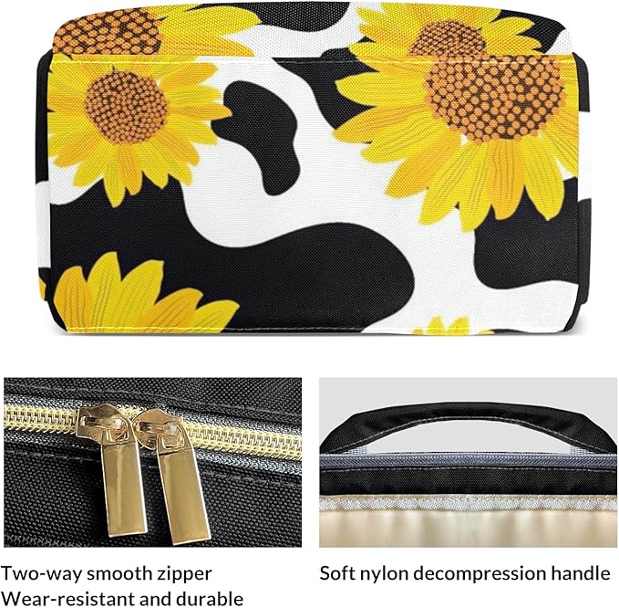 Sunflower Cow Print Diaper Bag Backpack Tote Custom with Name Multifunction Waterproof Travel Back Pack Diaper Bag Gifts Backpack for Men Women 10.8"x7.8"x15.7"