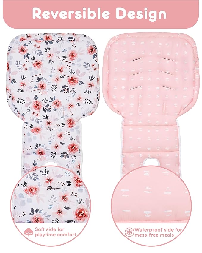 Baby High Chair Cover Replacement, Reversible & Waterproof High Chair Cushion Pad Home & Restaurant use, Includes 5-Point Harness Strap, Chair Not Included - Pink