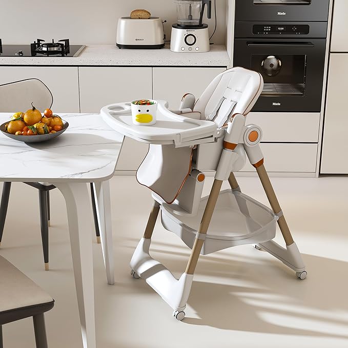 White Convertible Height Toddler High Chair with Lockable Wheels, Portable Foldable Baby Feeding Seat with Tray, Adjustable Highchair Easy Clean for Babies and Toddlers Ages 0-6 Years