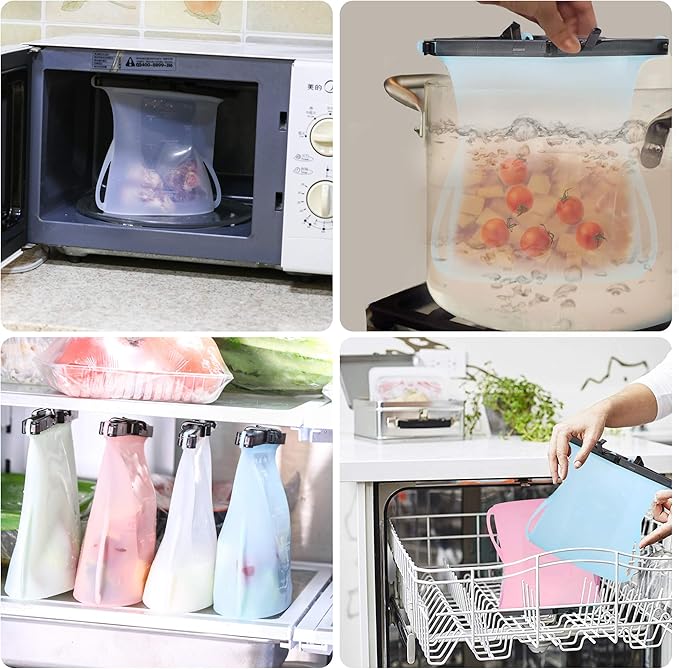 1/2 Gallon Large Reusable Stand-Up No Pop Open Wide Opening Thick Silicone Reduce Single-Use Plastic Dishwasher Safe Freezer Safe Food Bag Silicone Food Storage