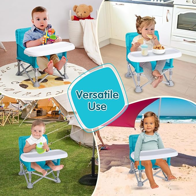 Portable Baby Booster Seat with Tray, Toddler Booster seat for Dining, Camping, Travel, Baby Beach Chair 6 Months to 3 Years Old Indoor Outdoor Use Cyan