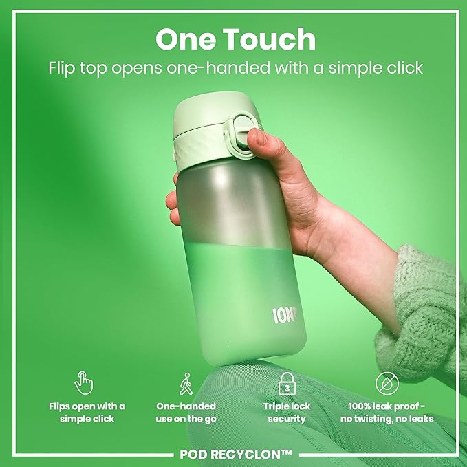 Ion8 Small Water Bottle, 350 ml/12 oz, Leak Proof, Easy to Open, Secure Lock, Dishwasher Safe, BPA Free, Carry Handle, Hygienic Flip Cover, Easy Clean, Odor Free, Carbon Neutral, Surf Green