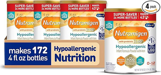 Enfamil Nutramigen Hypoallergenic Baby Formula with Iron, Lactose Free, Colic Relief from Cow's Milk Allergy Starts in 24 Hours, Brain Building DHA, Probiotic LGG for Immune Support, 27.8 Oz, 4 Count