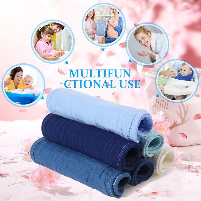 Frienda 6 Pieces Baby Muslin Burp Cloths Large 9 x 20 Inch 6 Layer Burp Cloth Multi Colors Muslin Washcloths Diapers Newborn Face Towels for Baby Boy Girl Unisex(Blue Series)