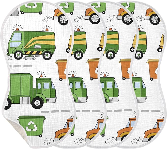Garbage Trucks Car Burp Cloths Baby Boys Girls Absorbent Soft Cotton Burping Cloths Rags 4 Pack
