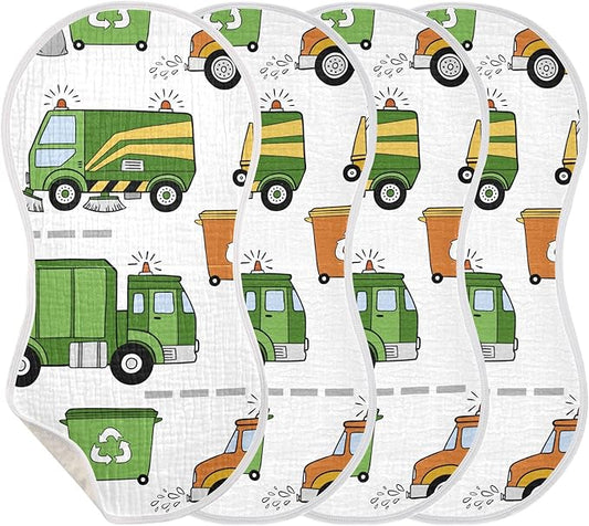 Garbage Trucks Car Burp Cloths Baby Boys Girls Absorbent Soft Cotton Burping Cloths Rags 4 Pack