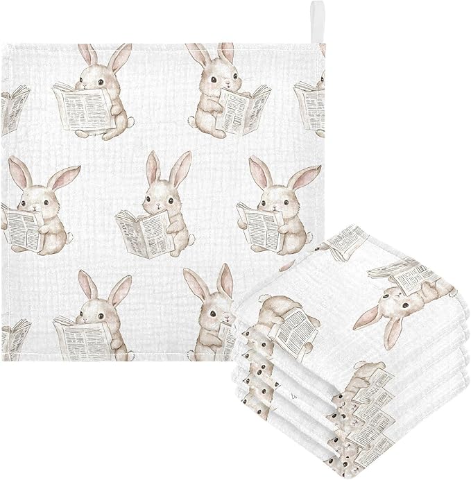 vvfelixl Baby Muslin Washcloths Bunny Reading Newspapers Baby Burp Cloths Cotton Babys Face Towel for Newborn Infants Boys Girls Soft and Absorbent 11.8 X 11.8 in, 3 Pack