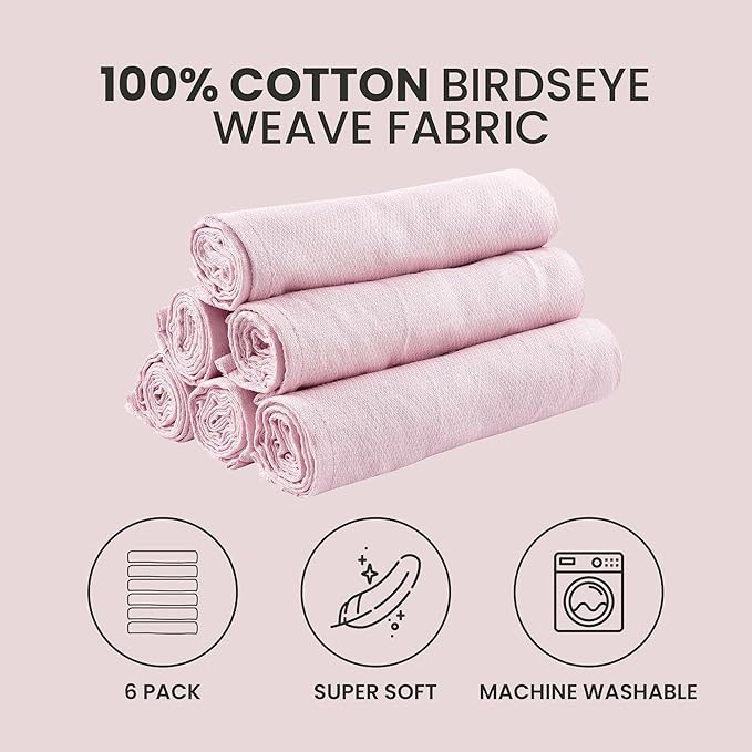 Deluxe 100% Natural Cotton Birdseye Cloth Diapers for Babies - Absorbent Cloth Diapers Burp Cloths - Pink - 6 Pack