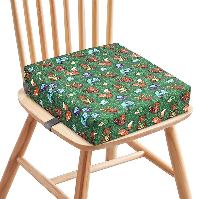 Zicac Portable Toddler Booster Seat for Dining Table, Safer Non-Slip Kids Booster Seat with Double Adjustable Straps, Washable Detachable Strong Support Increasing Cushion for Child (Animal Green)