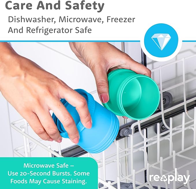 Re-Play Snack Stack Toddler Containers, 2 Sets - Stackable Cups with Travel Lid & Strap for On-the-Go, BPA-Free, Made in USA, Aqua/Sky