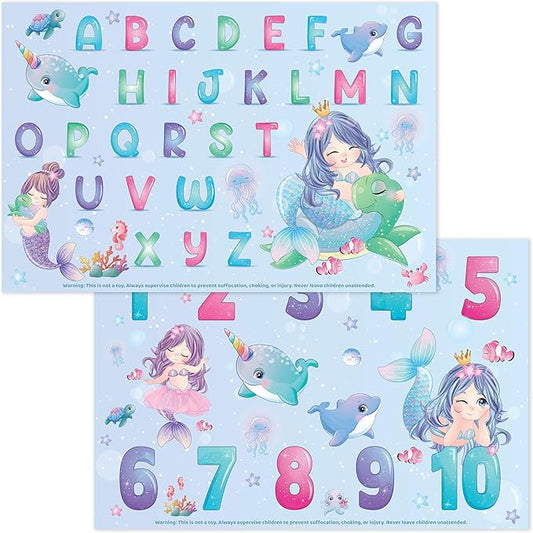Bright Seed Disposable Placemats for Baby, Toddlers and Kids, 40 Disposable Baby Placemats for Restaurant, Dining Table & Travel, Learning Placemats for Kids, Toddler Travel, Mermaids ABC & Numbers