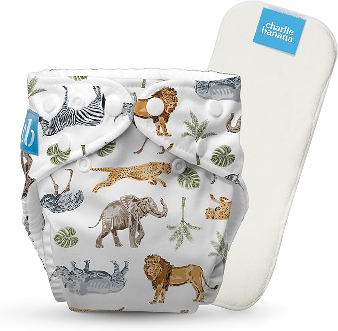 Charlie Banana Cloth Diapers, Reusable, Washable, Adjustable One Size Diaper, for Babies and Toddlers, with Absorbent Insert - Wildlife, 1 Pack