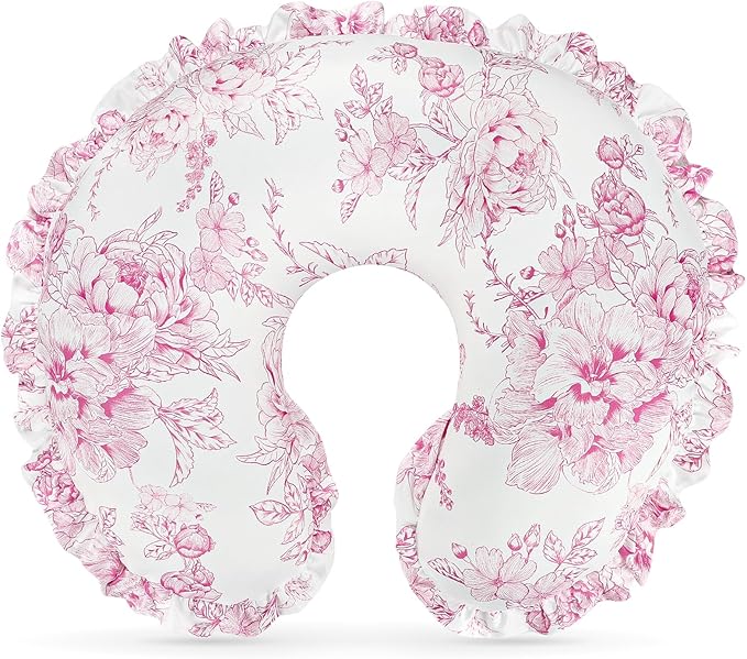 DILIMI Nursing Pillow Cover, Removable Ruffled Pillowcase for Breastfeeding Pillows, Ultra Soft Comfortable Slipcover for Baby Girl and Boy, Pink Floral