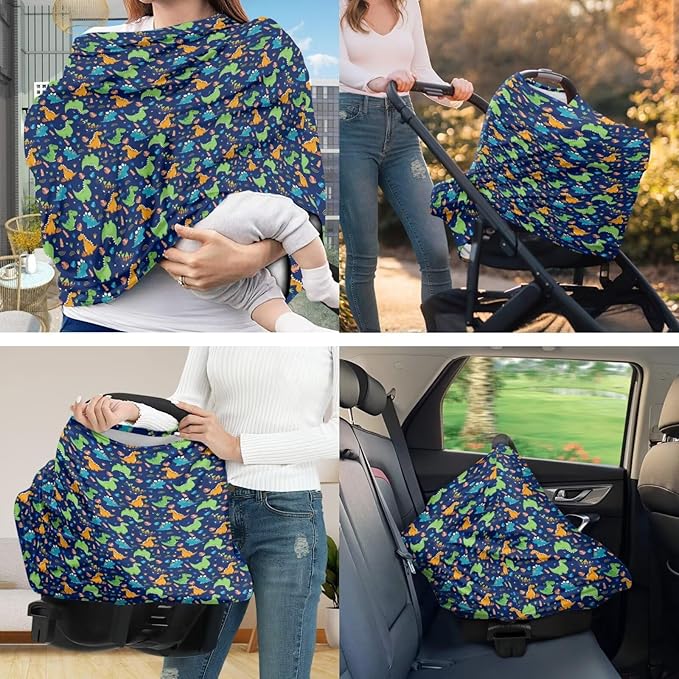 Colorful Dinosaur Car Seat Cover for Babies Fits Most Strollers & Baby Car Seats Soft and Stretchy Safely Breastfeeding Pillow Cover Baby Essentials