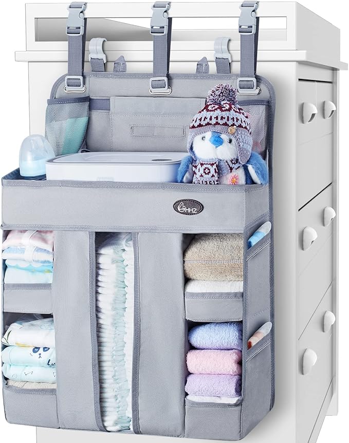 HHZ XL Hanging Diaper Caddy Organizer –Sturdy and Durable Baby Organizer – Diaper Stacker for Changing Table, Crib, Playard or Wall & Nursery Organization – Newborn Baby Essentials