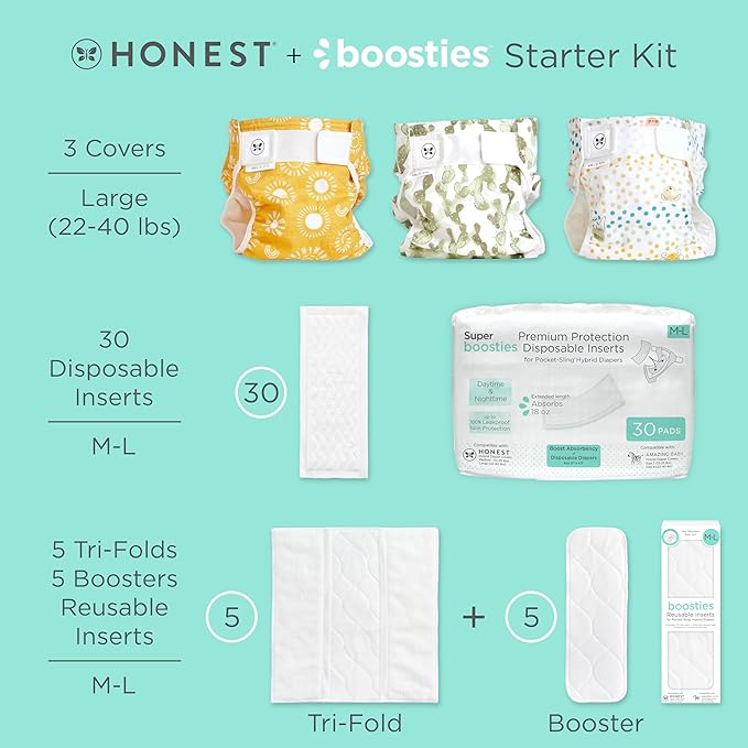 Honest Hybrid Cloth Diaper Cover + Super Boosties Disposable Inserts 30ct + Reusable Inserts, Large (22-40 lbs), Cotton Muslin Honest Covers Feature Pocket-Sling, Starter Kit