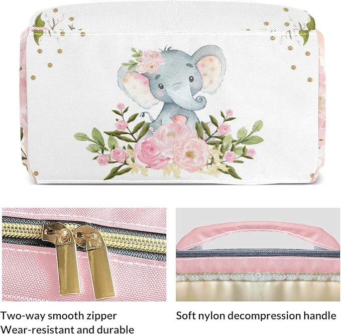 Pink Floral Elephant Mommy Bag for Baby Girl Custom Diaper Bag Backpack Waterproof Multi-Function Travel Camping Picnic Diaper Carrying Bag 10.8"x7.8"x15.7"