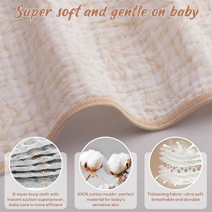 Muslin Burp Cloths, 20"x10"- Pack of 8, 6 Layers Super Soft Absorbent & Breathable 100% Cotton for Baby Drool and Messes, Burp Cloth Baby Boy and Burp Cloths Baby Girl