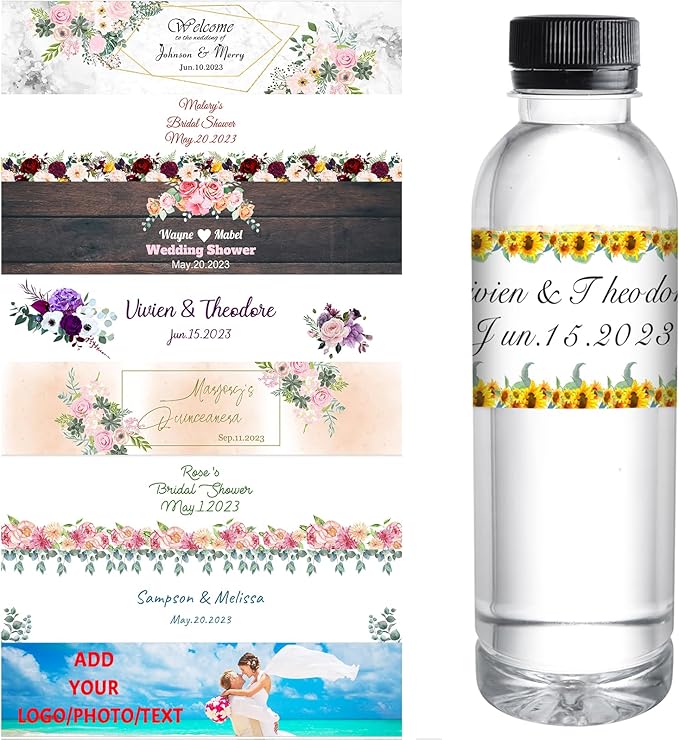 Personalized Water Bottle Labels for Wedding Custom Wedding Labels with Name for Water Bottle Stickers Waterproof Printable Photo Bottle Labels Bridal Shower Gifts 50 Pcs