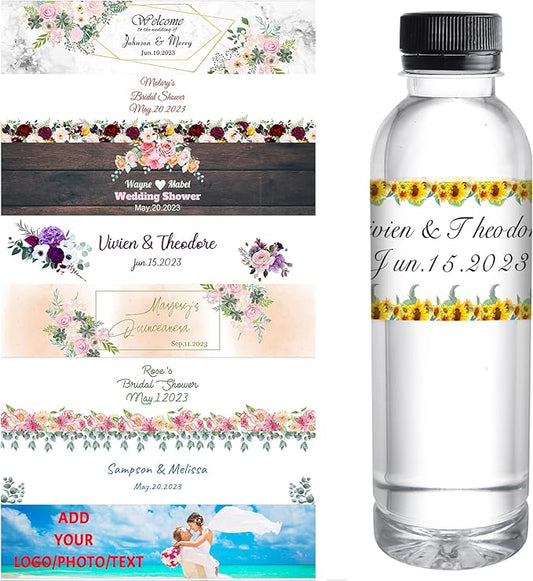 Personalized Water Bottle Labels for Wedding Custom Wedding Labels with Name for Water Bottle Stickers Waterproof Printable Photo Bottle Labels Bridal Shower Gifts 50 Pcs