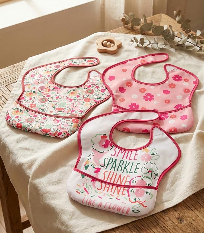 3-Pack Waterproof Baby Bibs for Eating - Mess Proof Lightweight Toddler Feeding Bibs with Large Food Catcher, Food-Grade Baby Eating Essentials, Easy to Put On & Clean(Pink Floral)