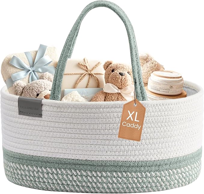 DECOMOMO XL Baby Caddy Organizer, Mother's Day Diaper Caddy Basket, Baskets for Baby Shower Gifts (Sage Green & White, Extra Large)