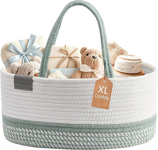 DECOMOMO XL Baby Caddy Organizer, Mother's Day Diaper Caddy Basket, Baskets for Baby Shower Gifts (Sage Green & White, Extra Large)