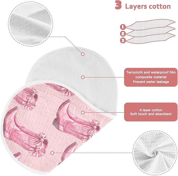 Western Cowgirls Boots Pinks Burp Cloths Baby Boys Girls Absorbent Soft Cotton Burping Cloths Rags, 1 Pack