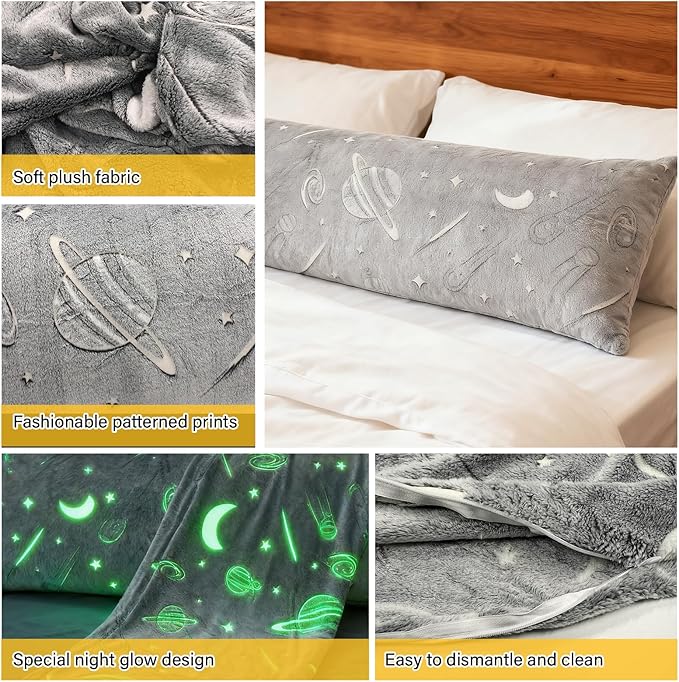 2PCS Glow in The Dark Body Pillow Cover 21x54 Inches Soft Plush Pillowcase Set with Starlit Sky Pattern Grey Long Pillow Cover with Side Zipper