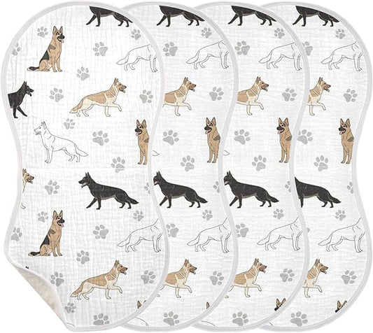 4 Pack Muslin Burp Cloths German Dogs Paw White Cotton Baby Burp Cloths Ultra Absorbent and Soft Thick Burping Cloth for Newborn Babies 22x11 Inch