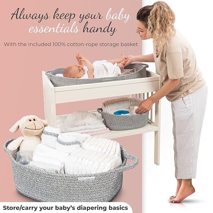 Royal Rusu Yours Baby Changing Basket - CPC Certified Cotton Rope Changing Pad - Grey - Soft Water Resistant Foam Pad with Removable Organic Cotton Cover