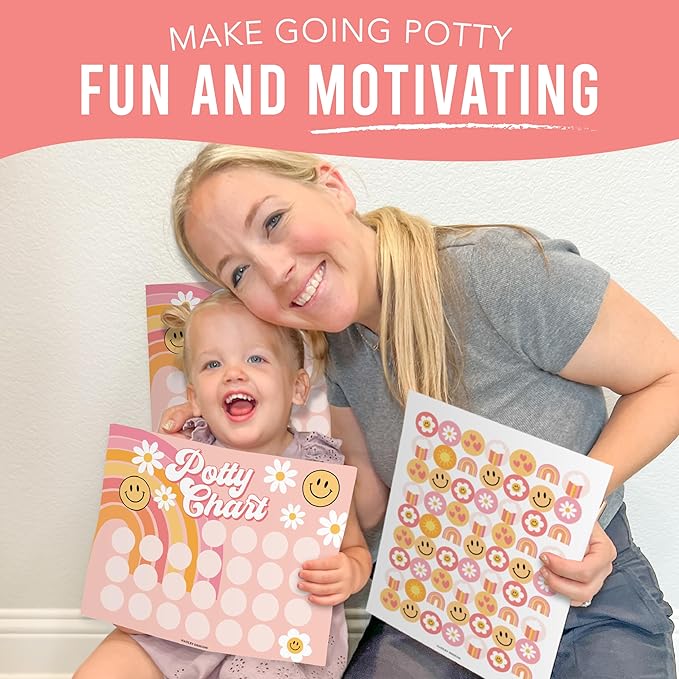 Hadley Designs Potty Training Chart for Toddlers Girls -10 Sticker Potty Chart for Toddlers Girls, 8.5x11" Potty Training Sticker Charts for Toilet Success, Retro Toddler Reward Chart for Kids