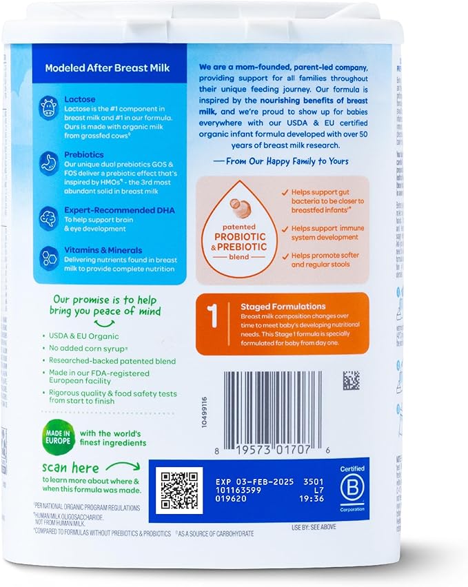 Happy Baby Organics Stage 1 Infant Formula, 0 12 Months, Milk Based Organic Baby Formula Powder with Iron, Probiotics & Prebiotics for Immune & Digestive Support, 22.9 Ounce (Pack of 1)