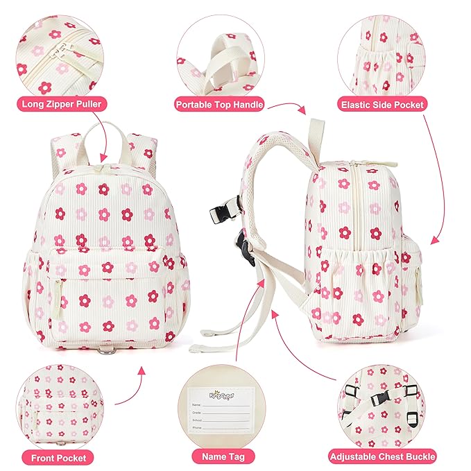 Corduroy Toddler Backpack with Detachable Leash and Anti-Lost Wrist Link, Safety Harness Walking Backpack for Toddler Boys Girls 1-3, Cute Floral Travel Backpack with Leash for Kids