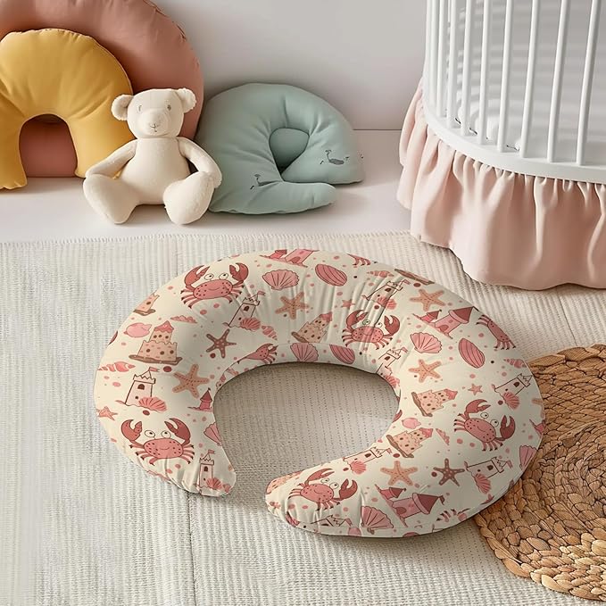 Cartoon Ocean Beach Crab Starfish Seashells Sandcastle Pattern Nursing Pillow Cover, Unisex Removable Breastfeeding Pillowcase Slipcover for Baby Girls Boys Newborns Toddlers, Cover Only