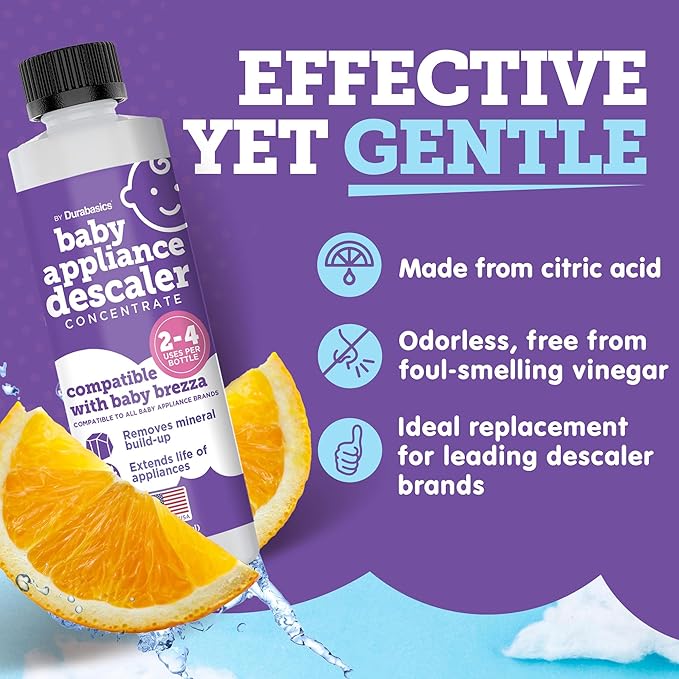 Durabasics [2 Pack] Baby Bottle Sterilizer Descaler – Compatible with Baby Brezza Sterilizers – Citric Acid Formula, Odorless, Helps Remove Mineral Buildup – Made in USA – 16oz