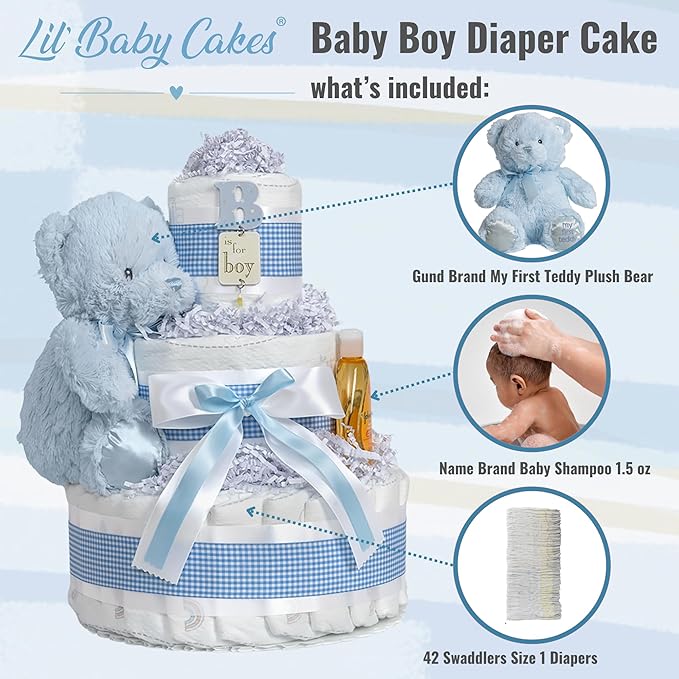 Lil' Baby Cakes Blue Boy Diaper Cake - Makes a Beautiful Boy Baby Gift - Adorable and Practical - Handmade with 42 Swaddler 1 Diapers - Size 10 in x 12 in
