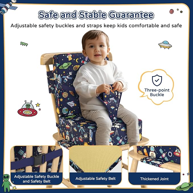 Booster Seat for Kitchen Chair with Backrest & 4 Adjustable Straps, Portable TPU Waterproof & Anti-Scratch Toddler Booster Seat for Dining Table, Non-Slip & Removable