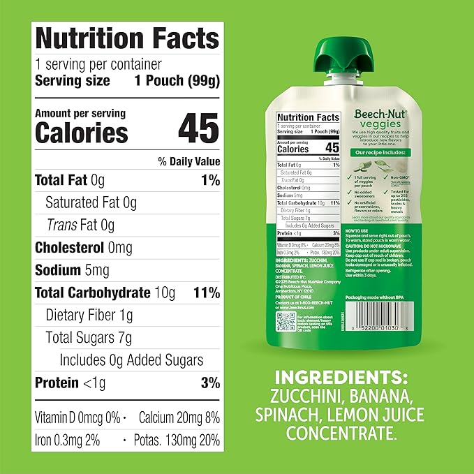 Beech-Nut Baby Food Pouches, Zucchini Spinach & Banana Veggie Puree Baby & Toddler Food, 3.5 oz (12 Pack)