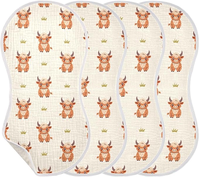Highland Cow Muslin Burp Cloths for Baby Boys and Girls - 4-Pack Ultra Absorbent Muslin Washcloths, Newborn Towel, Milk Spit Up Rags, Burp Cloth Bib for Unisex, 22 x 11 Inch