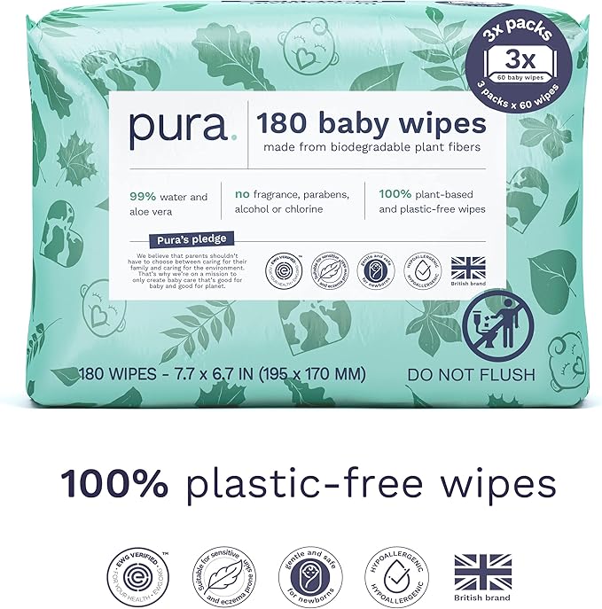 Pura Hypoallergenic Trial Pack Diapers Size 1 (4-11 lbs) + Natural Sensitive Baby Wipes Starter Bundle | Organic Cotton, Chlorine-Free, Fragrance-Free, EWG Verified, for Sensitive & Eczema-Prone Skin