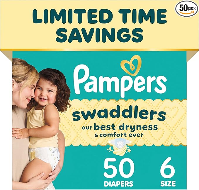Pampers Swaddlers Diapers, Size 6 (23-44 lbs), 50 Count, Absorbent, Keeps Baby Dry and Comfortable, Skin Safe Disposable Baby Diaper (Packaging May Vary)