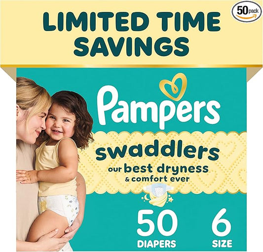 Pampers Swaddlers Diapers, Size 6 (23-44 lbs), 50 Count, Absorbent, Keeps Baby Dry and Comfortable, Skin Safe Disposable Baby Diaper (Packaging May Vary)