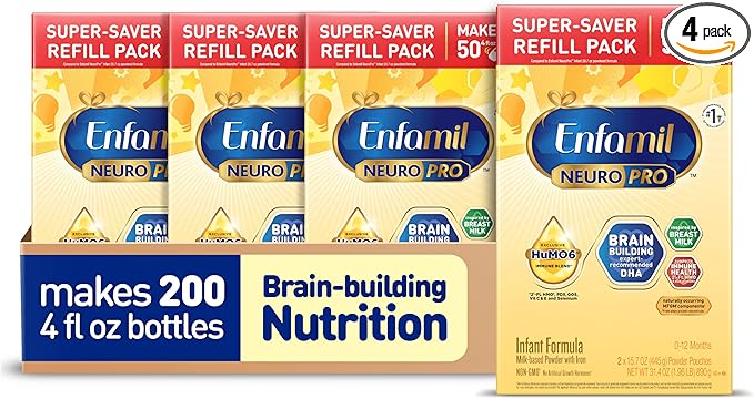 Enfamil NeuroPro Baby Formula, Brain Building Duo DHA & MFGM, Exclusive Immune Supporting HuMO6 Blend, Powder Infant Formula, Baby Milk, 31.4 oz Refill (Pack of 4)